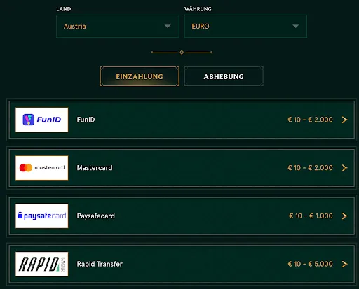 Verfügbare Einzahlungsmethoden im Casinia Casino: Schnelle Einzahlungen mit FunID, Mastercard, Paysafecard und Rapid Transfer Einzahlungsmethoden bei Casinia für Österreich – FunID, Mastercard, Paysafecard und Rapid Transfer mit Limits