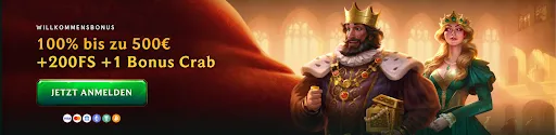 Erhalten Sie Ihren Willkommensbonus im Casinia Casino: 100 % Bonus, 200 Freispiele & 1 Bonus Crab Willkommensbonus im Casinia Casino mit König und Königin – 200 Freispiele und Bonus Crab